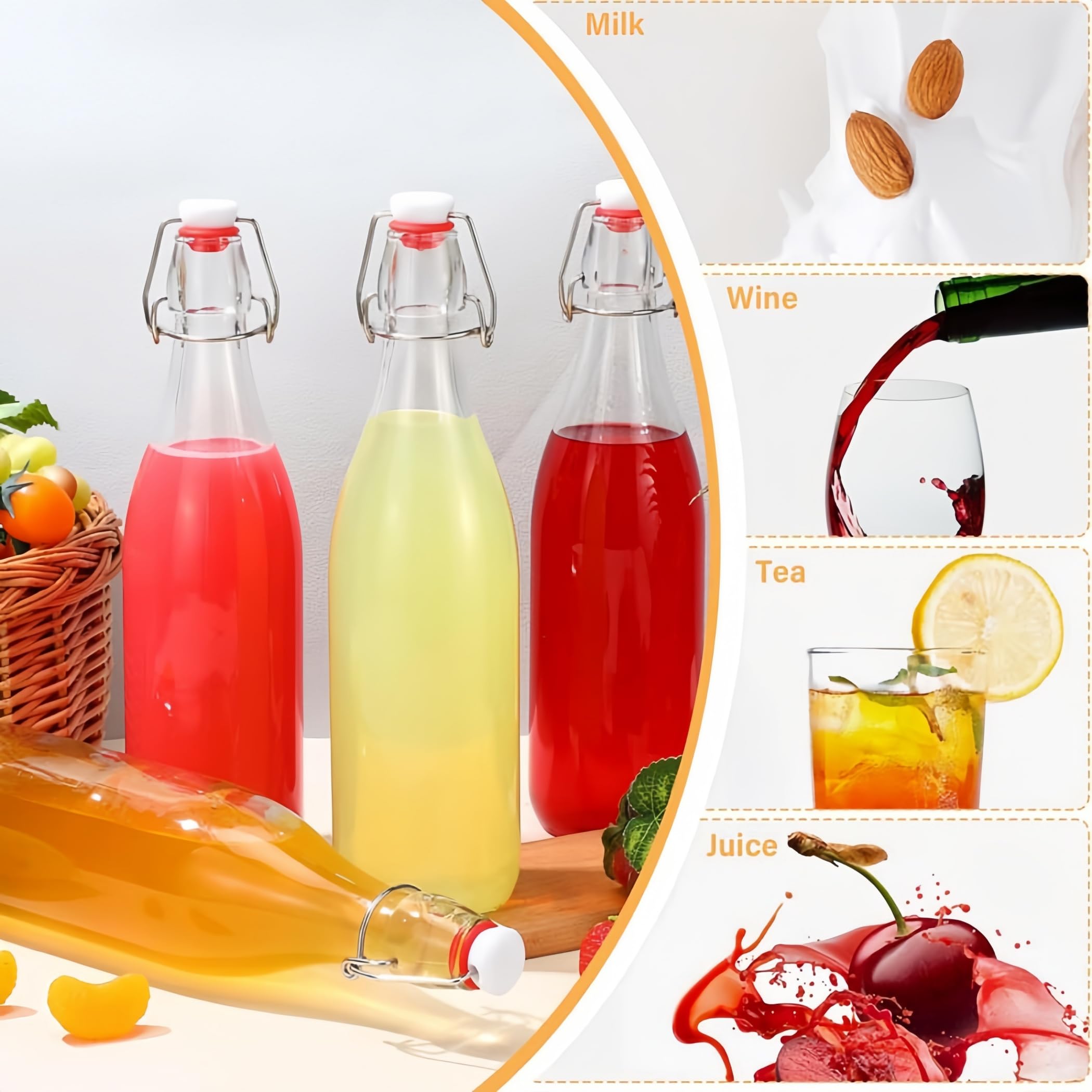 Botellas de vidrio con tapa abatible, 6 botellas de cerveza de vidrio transparente de 500 ml para bebidas, aceite, vinagre, cerveza, agua, refrescos, segunda fermentación