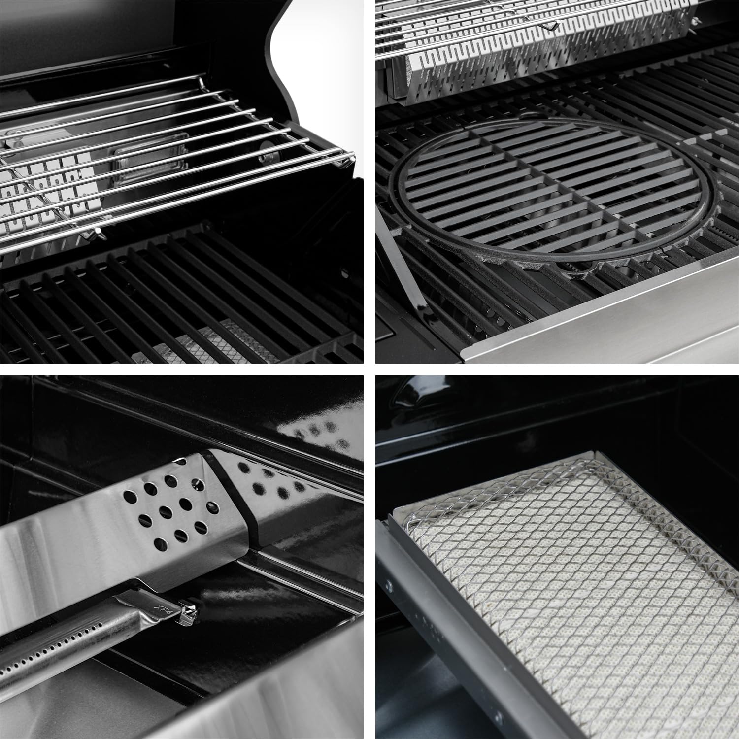 Barbecue à gaz Feuergott Hector 4B-S avec broche rotative et housse de protection avec 4 brûleurs, brûleur Sear, grille en fonte, brûleur arrière, réchaud latéral, fenêtre de visualisation et