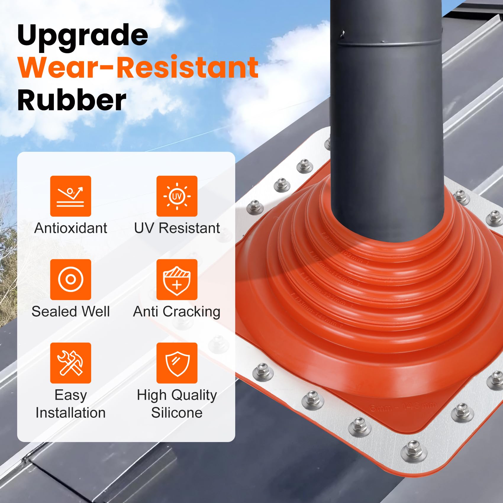 Bota intermitente de metal #3 para tubería de techo, cubierta de metal para tubería de diámetro exterior de 1/4 a 5 3/4 pulgadas de ancho, incluye funda de chimenea de silicona flexible de alta