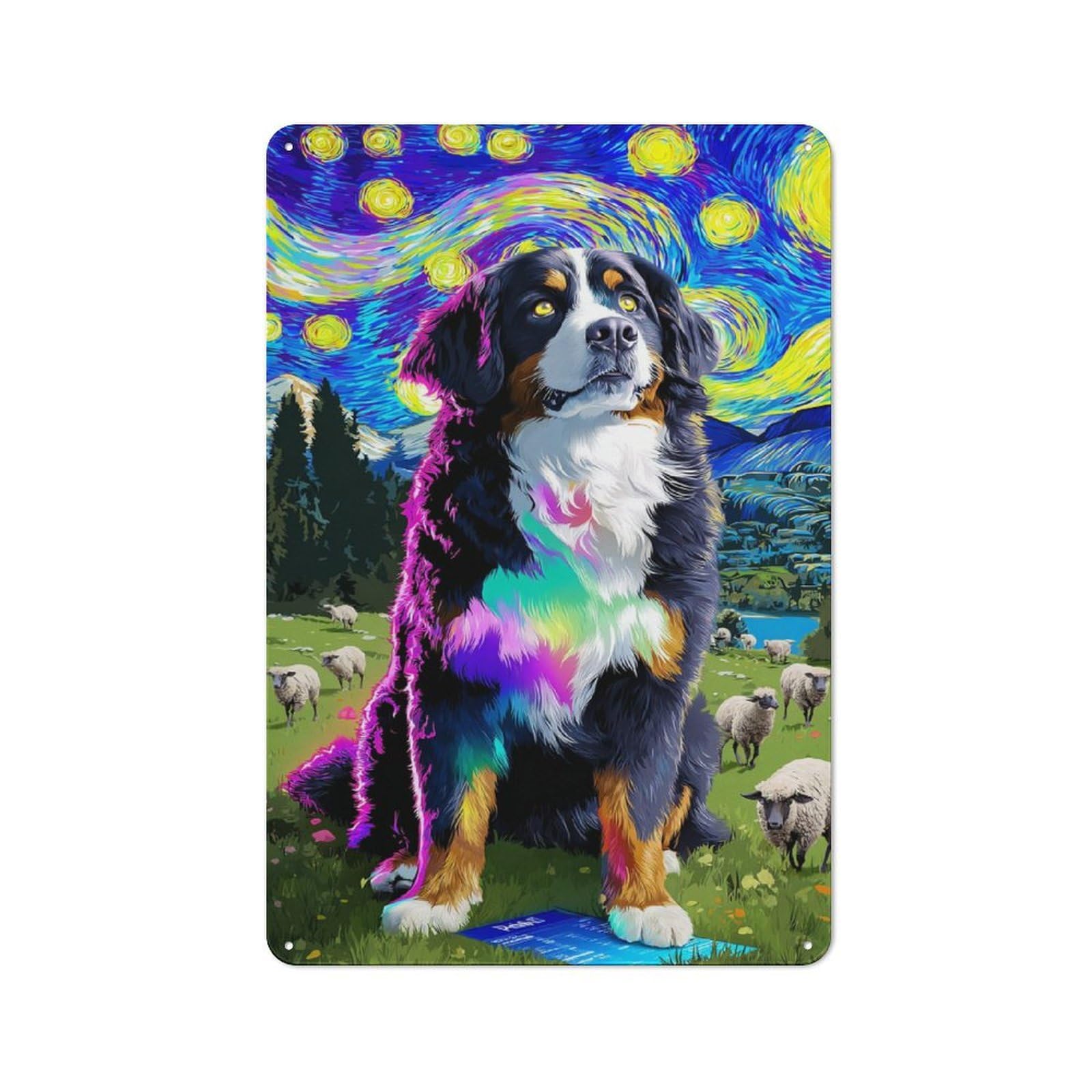 Junmoney Starry Night Dog With Sheep -2 Rustic Metal Plaque 30X20cm For Dining Room Or Kitchen, A Housewarming Gift For Dining Room Decor Fans