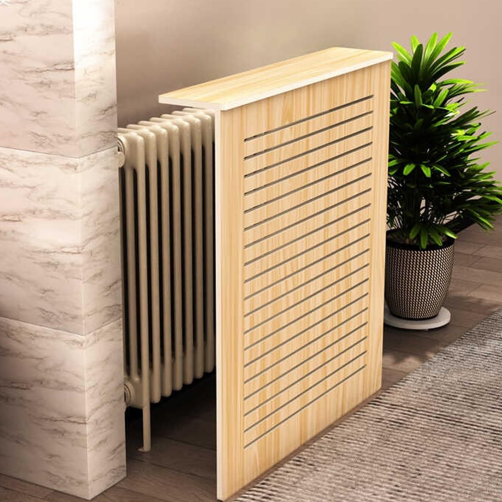 Detive drewniana osłona grzejnika, wentylowana szafka grzewcza do salonu i sypialni, stylowy brązowy design (90 x 80 x 18 cm) - oszczędność miejsca rozwiązanie akcentujące do domu
