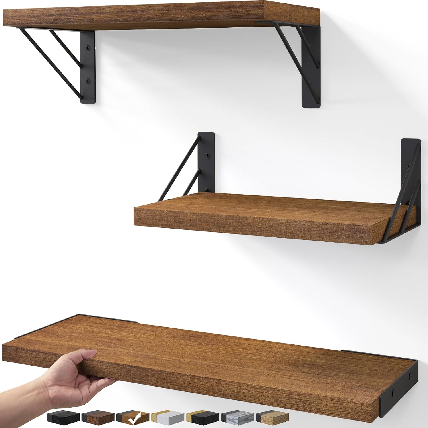 BAYKA Floating Shelves for Wall, Book Shelf for Bedroom, Wall Decor Shelves for Living Room Kitchen, Mounted Wood Floating Shelf for Home Decor, Corner Shelf for Bathroom, Office(Set of 3) Walnut-toned Board & Black Brackets 3-Piece Set