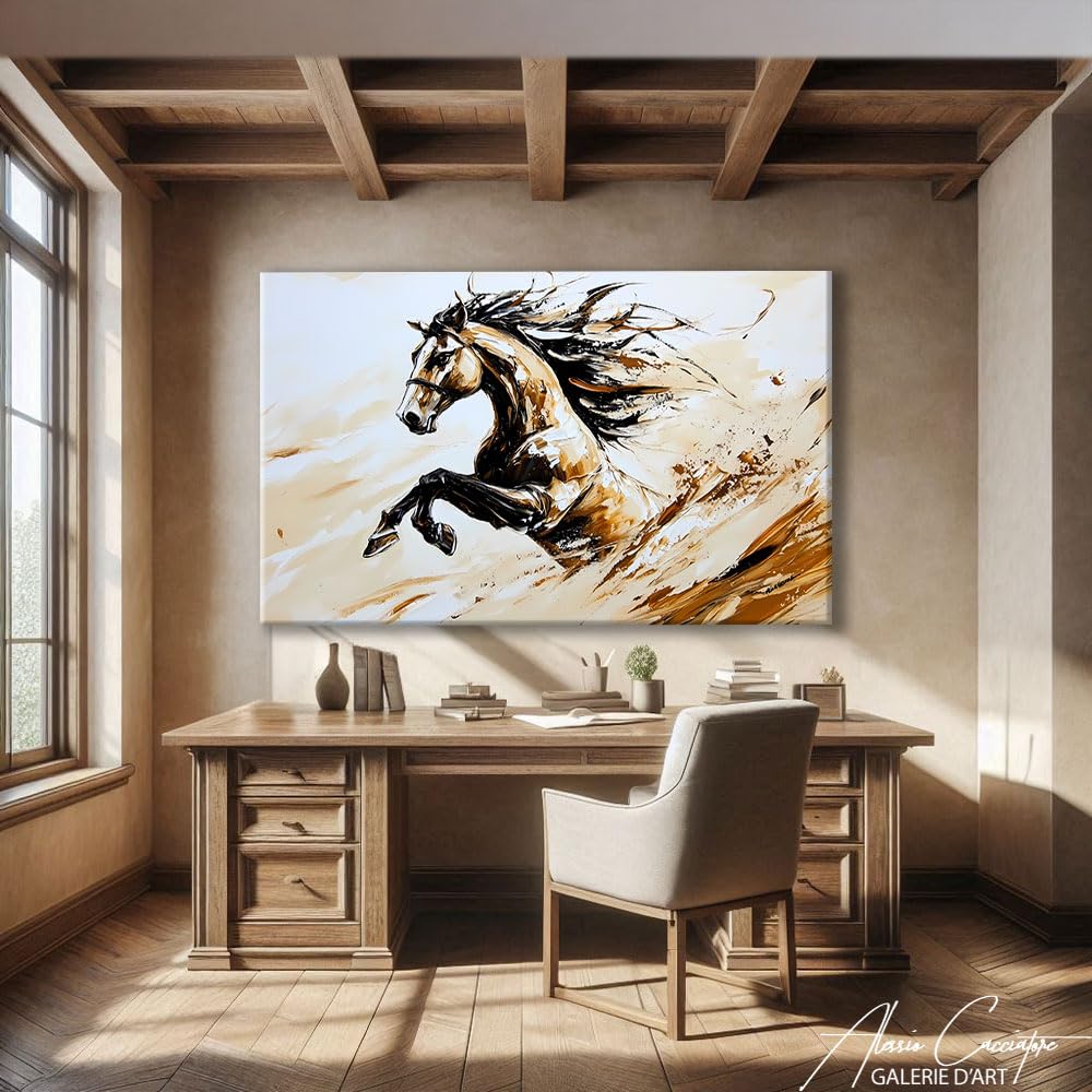 Quadro a forma di cavallo astratto – Poster decorativo da parete con animali – Stampa su tela tono beige – Quadro da parete decorativo per soggiorno, grande formato (40 x 30 cm)