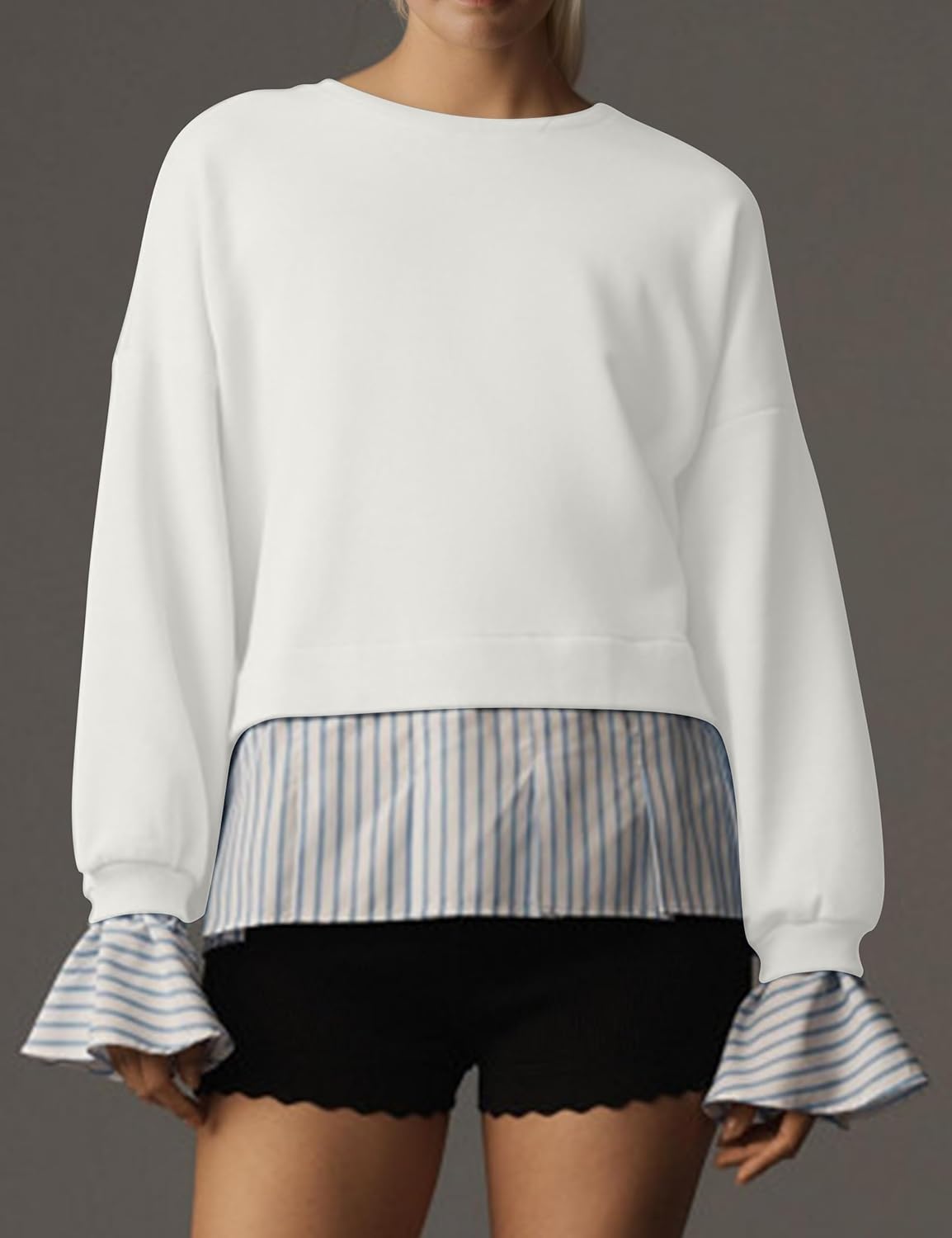 Striped Trim Twofer Sweatshirt For Women Crew Neck Long Sleeve Patchwork Pullovers Sweater Outfit - Image 2