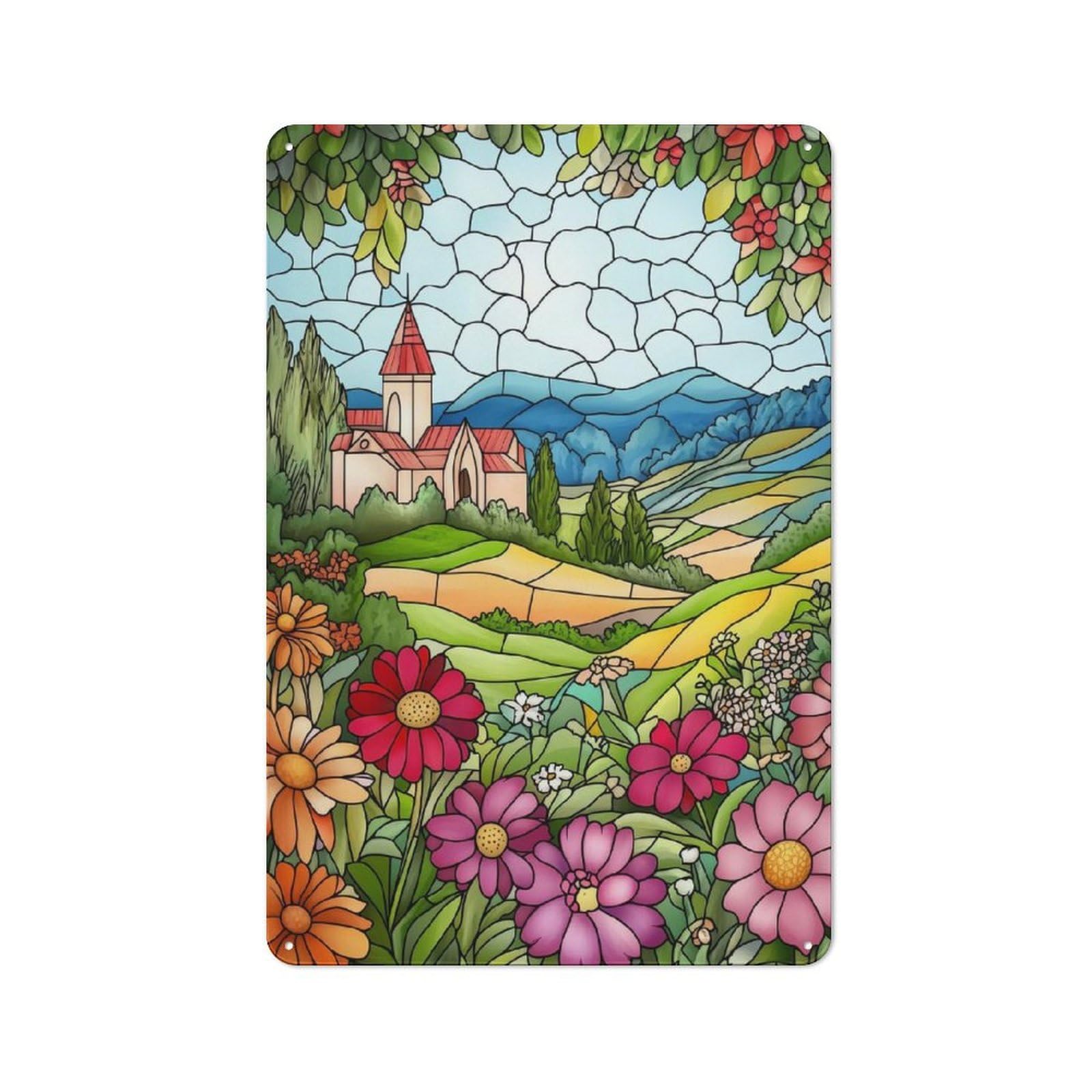 Junmoney Stained Glass Countryside Nostalgic Decorative Tin Sign 30X20cm Featuring Old Style Wall Plaque For Kitchen, Hallway, Bar Or Small Cafe