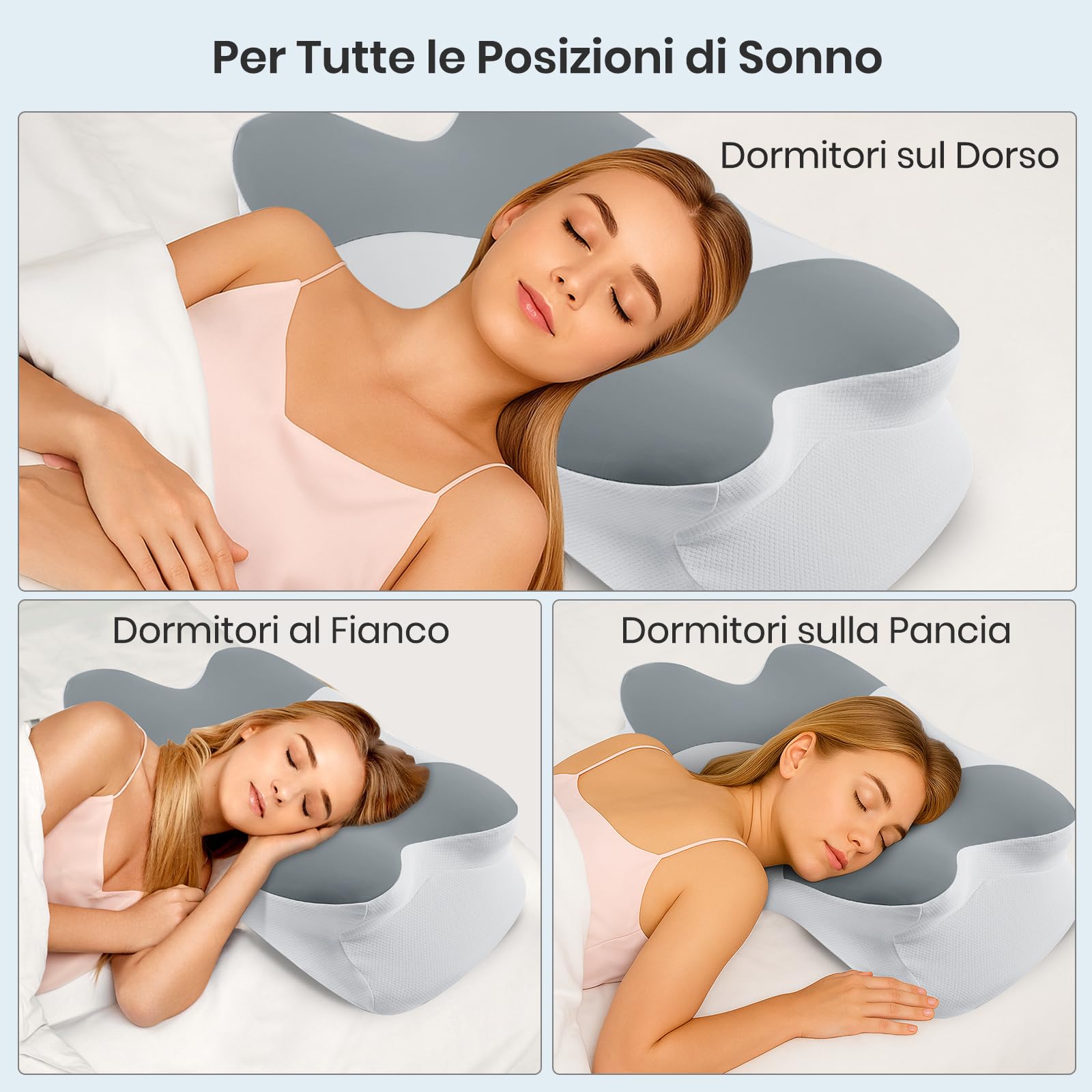 DONAMA Cuscino Cervicale in Memory Foam, Cuscino Ergonomico per Dormire su Fianco, Schiena e Stomaco, con Federa Sfoderabile e Lavabile (Grigio Chiaro, 62x37x12 cm)