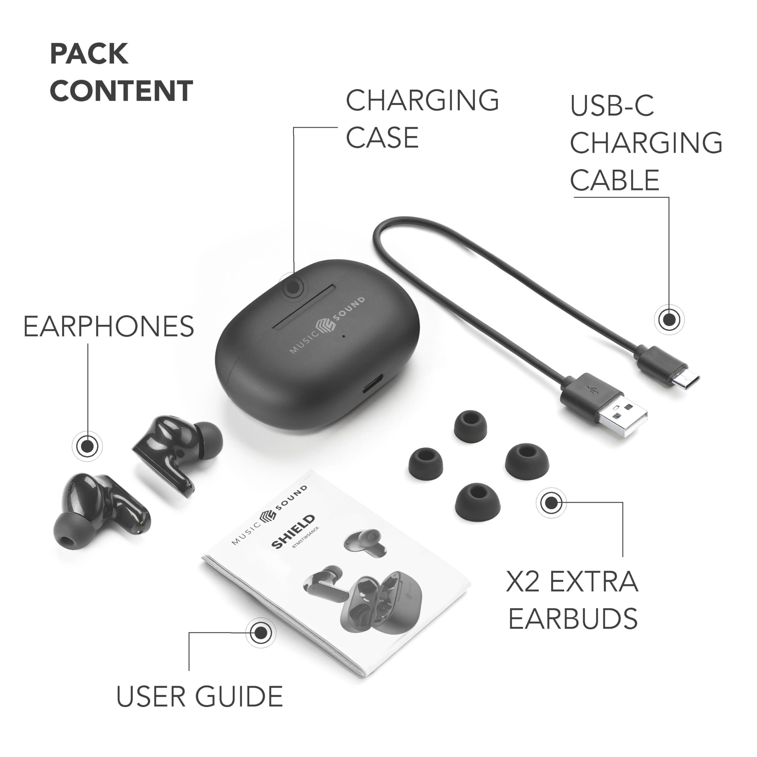 Music Sound Słuchawki douszne TWS Bluetooth SHIELD – Wireless – Design In-Ear – Technologia ANC Active Noise Cancelling - Play Time 30 Godzin – Tryb przezroczystości – Czarny