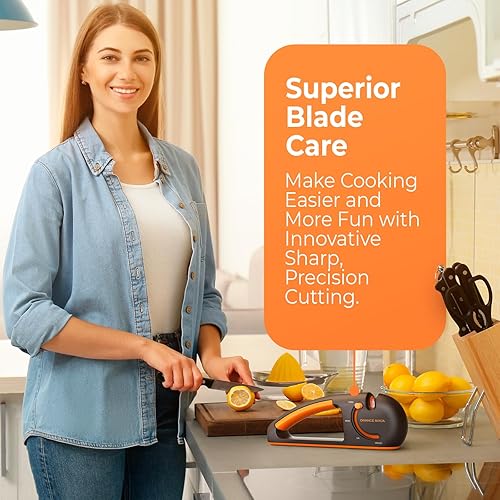 Miniatura 6 de Afilador de cuchillos naranja Ninja de 4 etapas y afilador de cuchillos serrados – repara, afila y pule cuchillas con agarre ergonómico