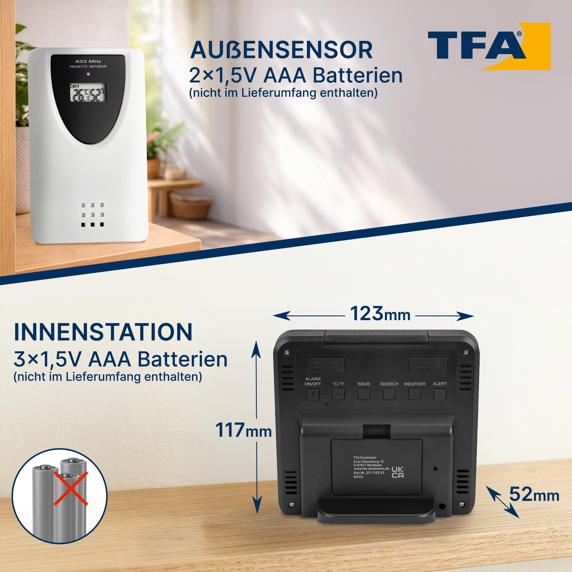 TFA Dostmann digitale Funk Wetterstation SKY, 35.1152.01, mit Außensensor, Temperatur & Luftfeuchtigkeit innen/außen, Wettervorhersage, Höchst- und Tiefstwerte, Funkuhr, 123 x 52 x 117 mm, schwarz