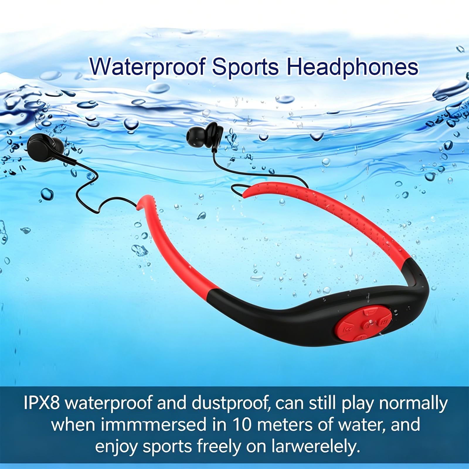 Longben Écouteurs intra-auriculaires pour la natation, le sport, Bluetooth, étanches, radio FM, lecteur MP3, ultra léger, rouge