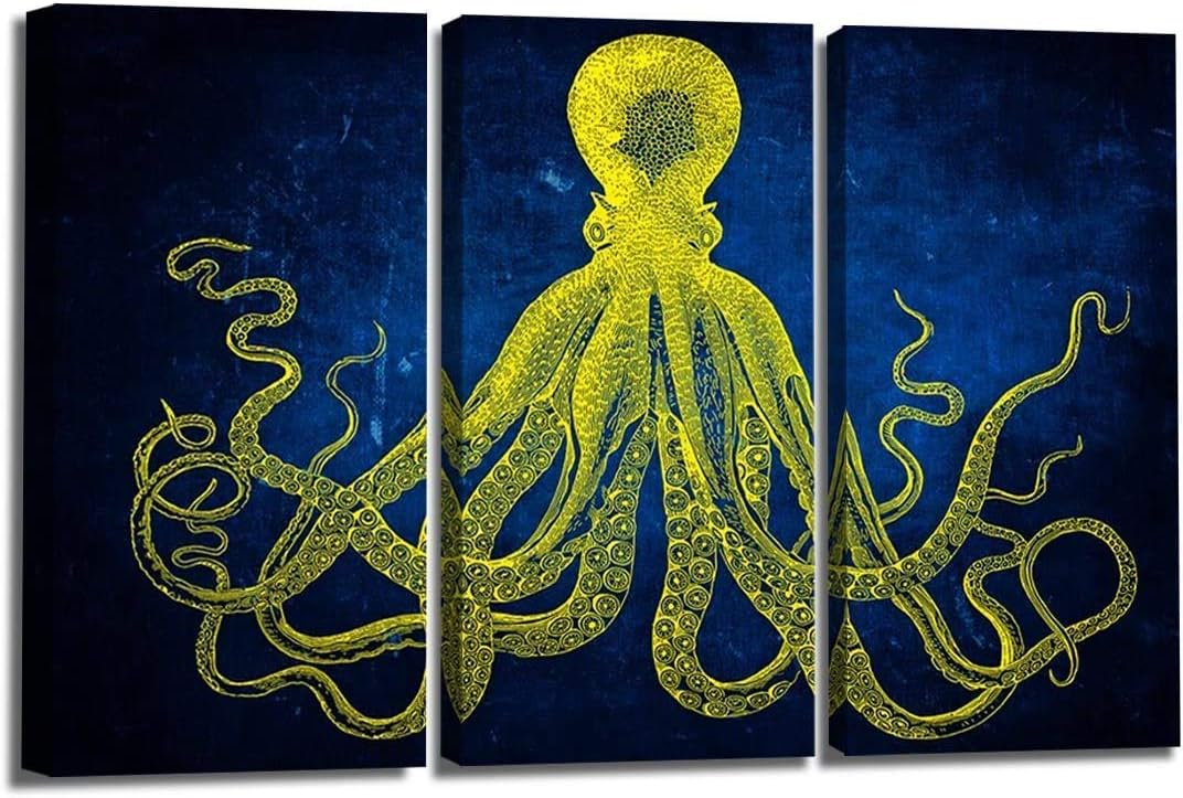 Modern Art Dark Blue Octopus Canvas Art Picture Printed on Canvas Stretched and Framed for Home Retro Marine Life Hand Painted Sketch Blue Background with Yellow Octopus Wall Decor Art
