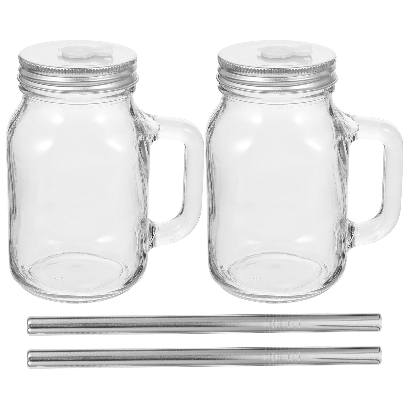 Wiederverwendbare Glasflasche 650ml 2 Stück aus Edelstahl für Getränke | Saft, Milch, Joghurt und Mehr, Flacher Boden, Trinkbecher mit Strohhalm, Transparentes Design