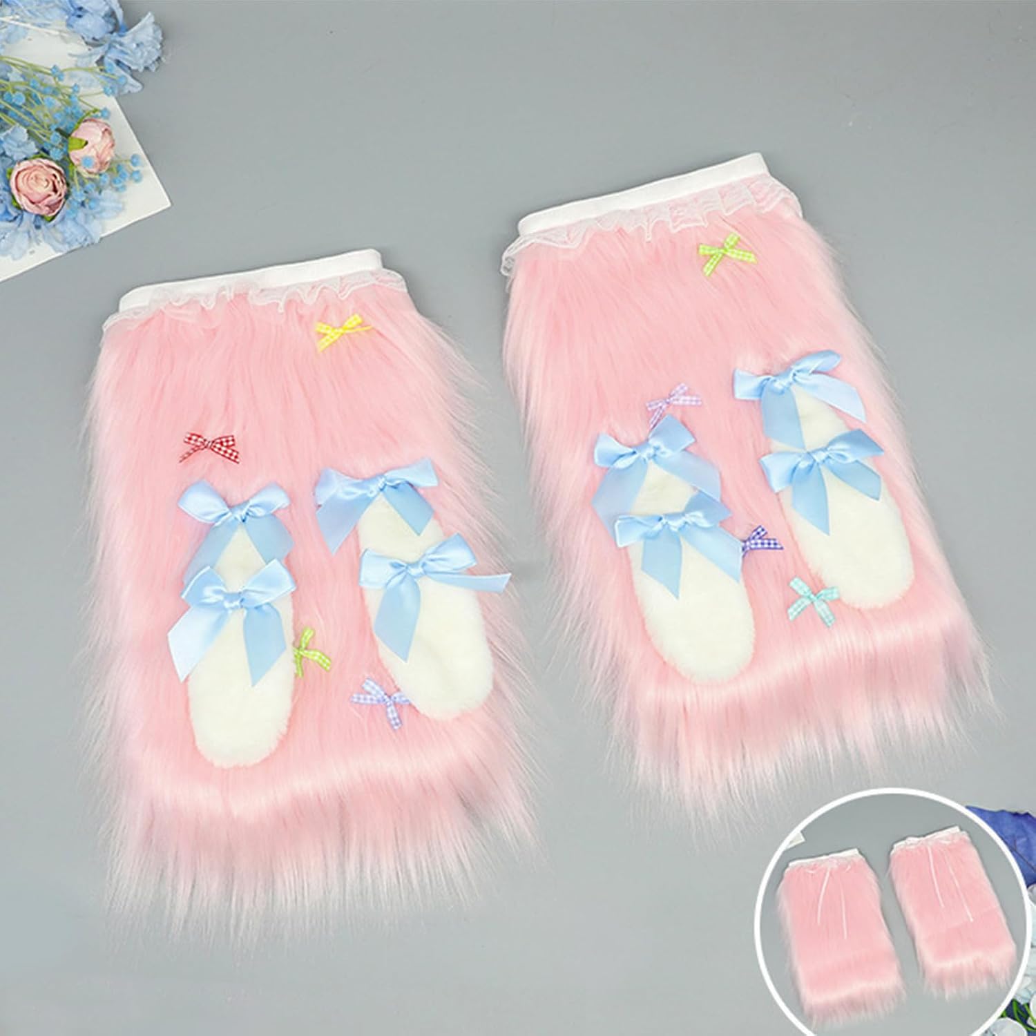 Japanese Anime Rabbits Ears Bowknot Fuzzy Leg Warmers for Women Girls Ruffle Lace Trim Plush Boot Covers Long Socks