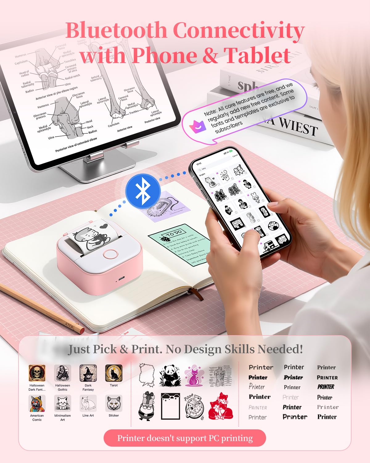 Adesiva Mini Stampante Termica con 6 Rotoli di Carta - T02 Stampante, Rosa | Portatile Bluetooth Sticker Printer per Studio, Note, Immagini, Foto, Diari, fai da te, Compatibile con Telefono e Tablet