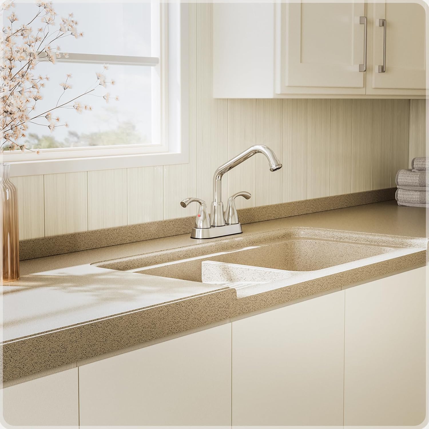 Phiestina Chrome Swivel Long Spout Bathroom Laundry Utility Sink Faucet with Garden House Threaded End-4 Inch Centerset,Lead-Free, Water Supply Lines,3 Hole Slop Sink Tub Faucet,LF180-C