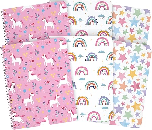 ScribbleMate Cuaderno de espiral de rayas anchas, juego de 3 adorables cuadernos de espiral de 1 materia con rayas anchas, 100 hojas perforadas