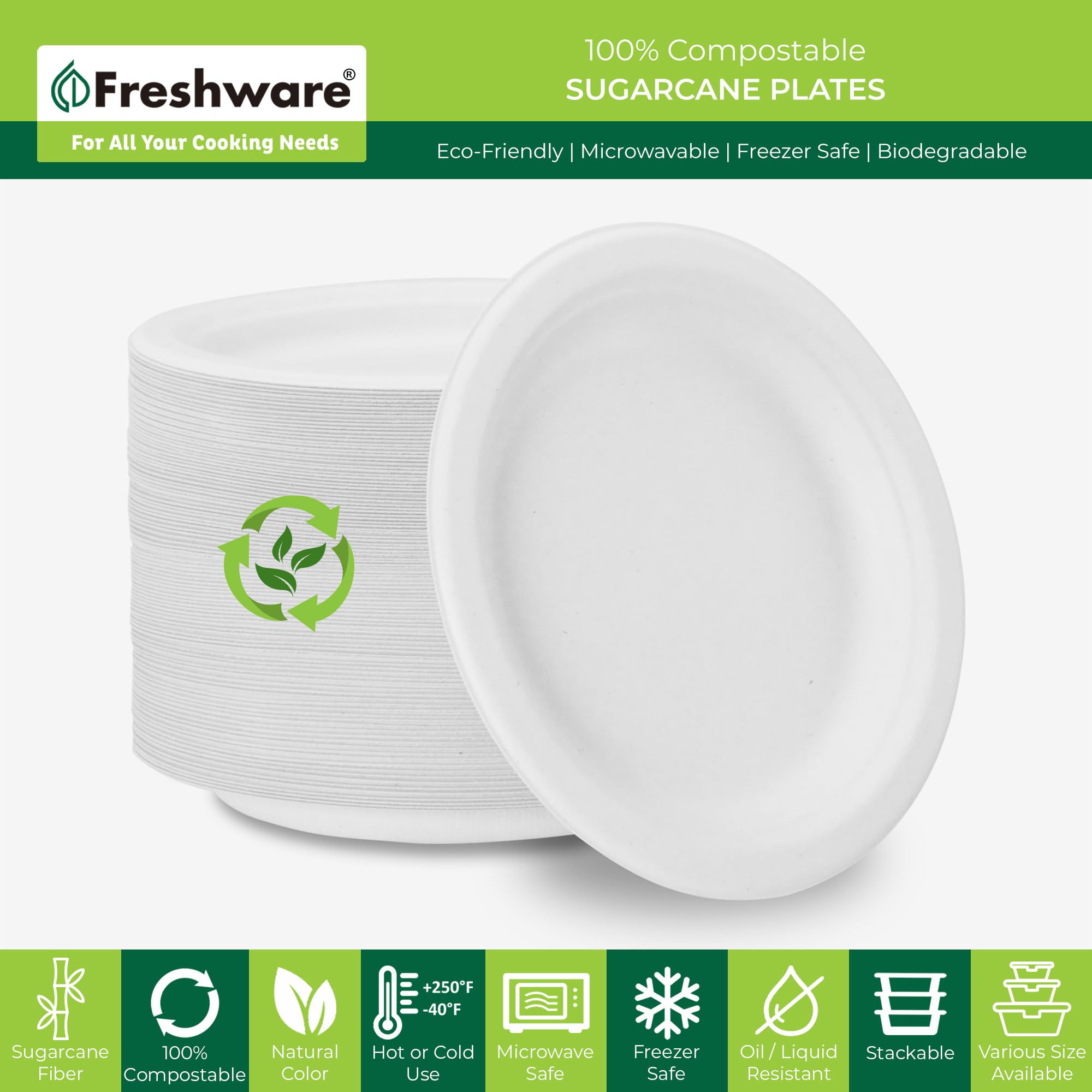 Freshware Platos de papel, plato desechable de 10 pulgadas, platos biodegradables de caña de azúcar, vajilla resistente para alimentos calientes, apto para microondas y congelador, vajilla apilable,