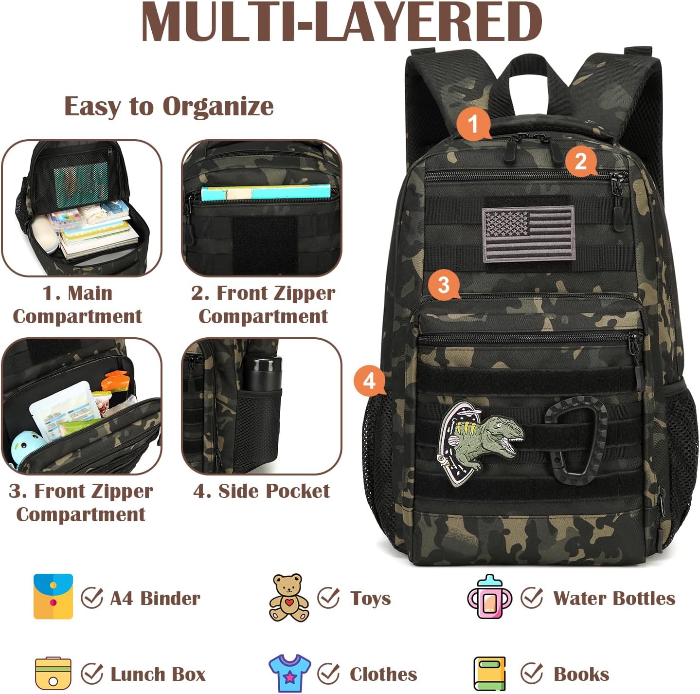 Kids Tactical Backpack Army Molle Bookbag Military Boys Backpack for School, Outdoor, Camping, Black CM - Image 3