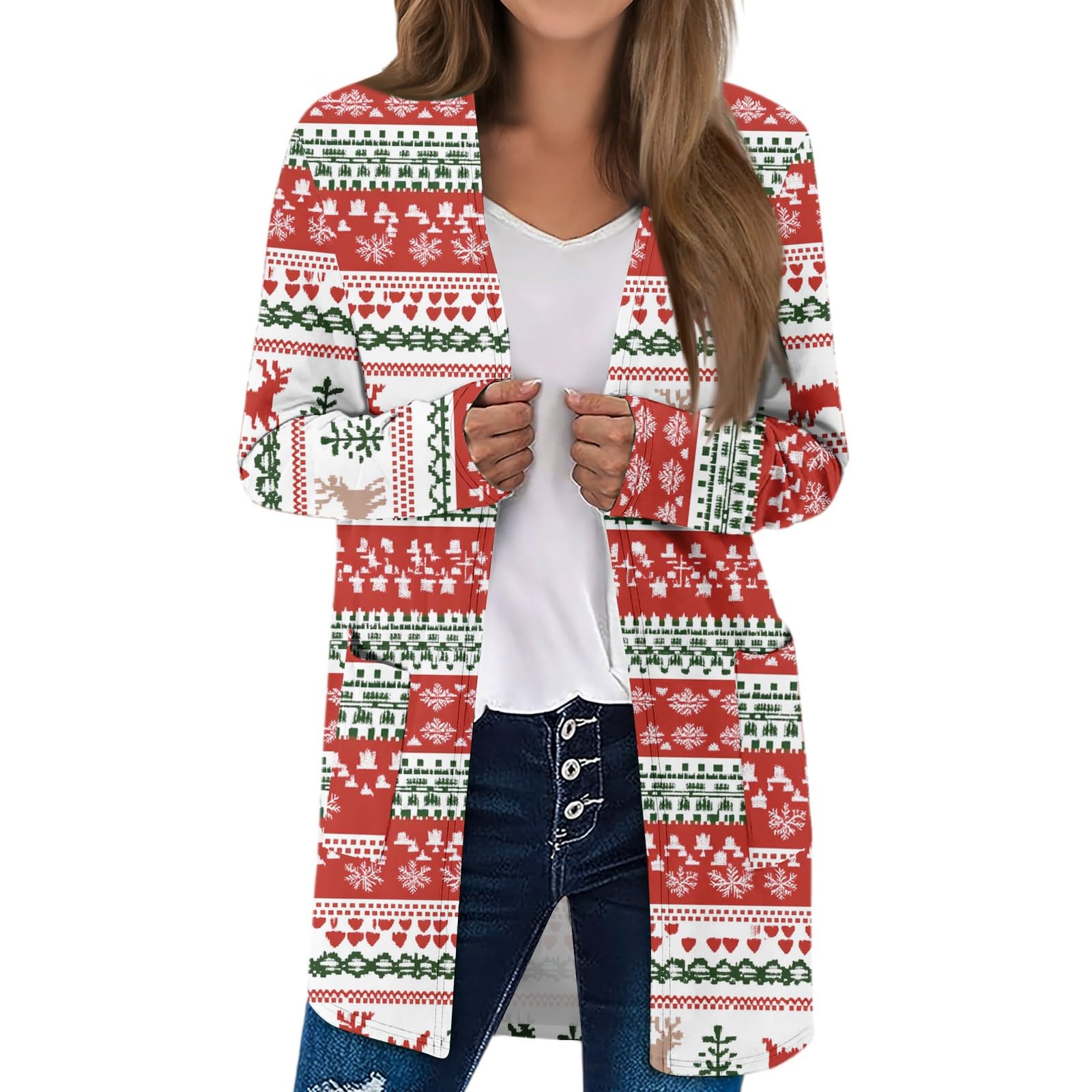 Womens Christmas Long Sleeve Cardigan Open Front Dressy Snowflake Print Mid-Length Coat