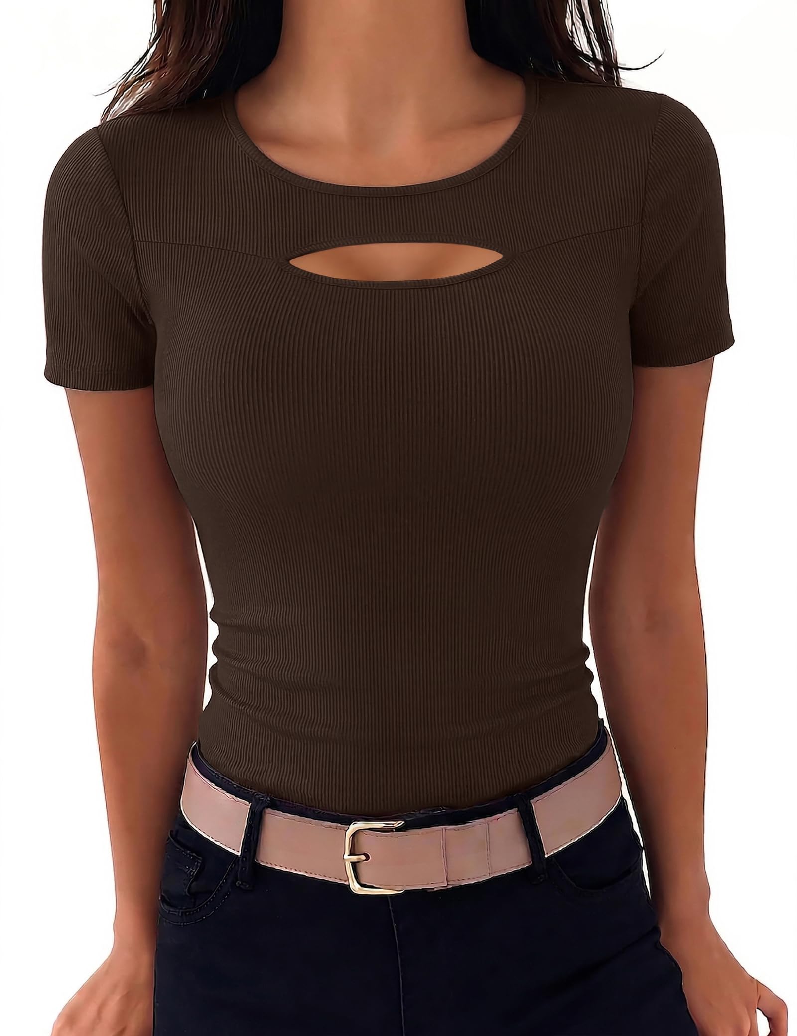 Aottori T-Shirt Damen Rundhals Sommer Oberteile Kurzarm Cut Out Gerippt Basic Tee Shirts Elegant Slim Fit Tshirt Stretch Casual Tops Einfarbig
