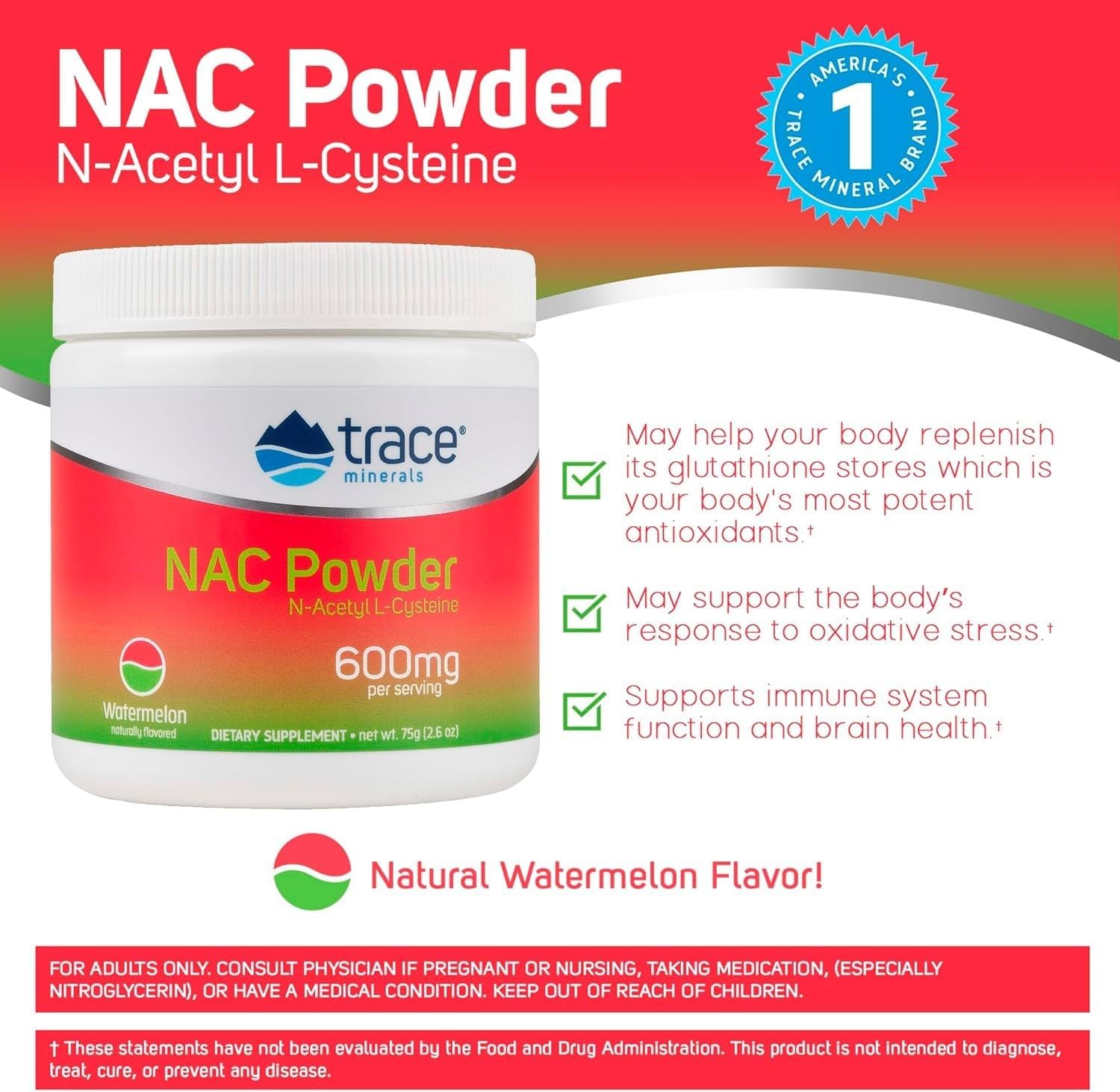 Trace Minerals NAC Powder - N-Acetyl Cysteine Powder Supplement for Respiratory Health & Immune Support - Antioxidant Support - Drink Mix - Watermelon - 30 Servings