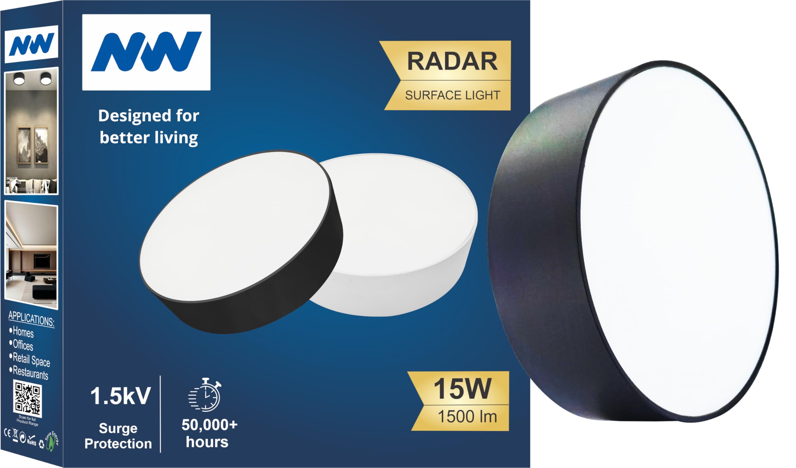NW 15W Radar Rimless Round | LED Surface Light | Surface Mount Down Light | Energy Efficient LED | Modern Finish | BIS Certified | Body Color- Black | Light Color- Warm White (Pack of 1)-image-29