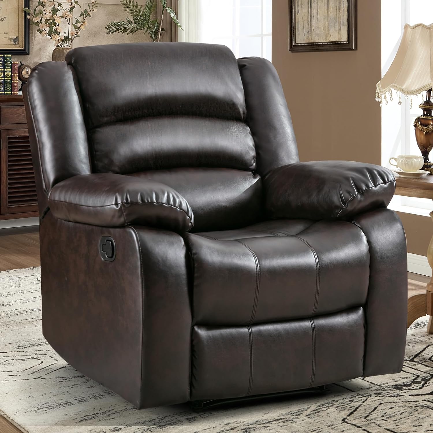 EBELLO Faux Leather Classic Recliner Chair, Manual Recliner Sofa with Overstuffed Arms and Back Single Reclining Couch for Living Room, Bedroom, Brown