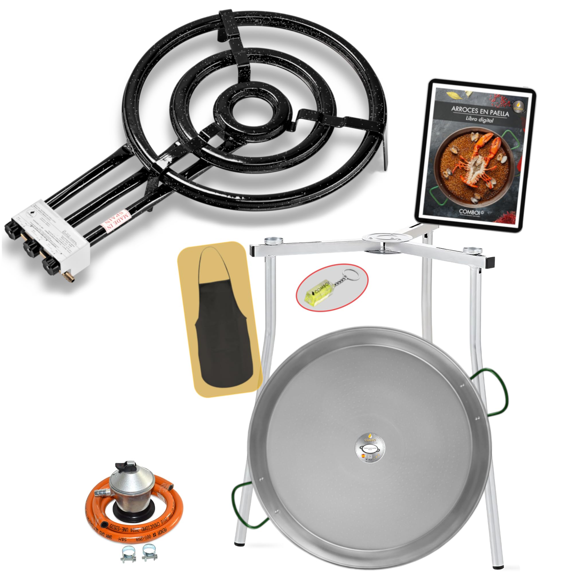 COMBOI Kit Paellero a Gas Professionale - Bruciatore 53 cm a 3 anelli, Paellera in acciaio lucido 70 cm, regolatore, tubo, gambe treppiede, livello, grembiule, ricettario digitale (Kit Paellero Pro-T