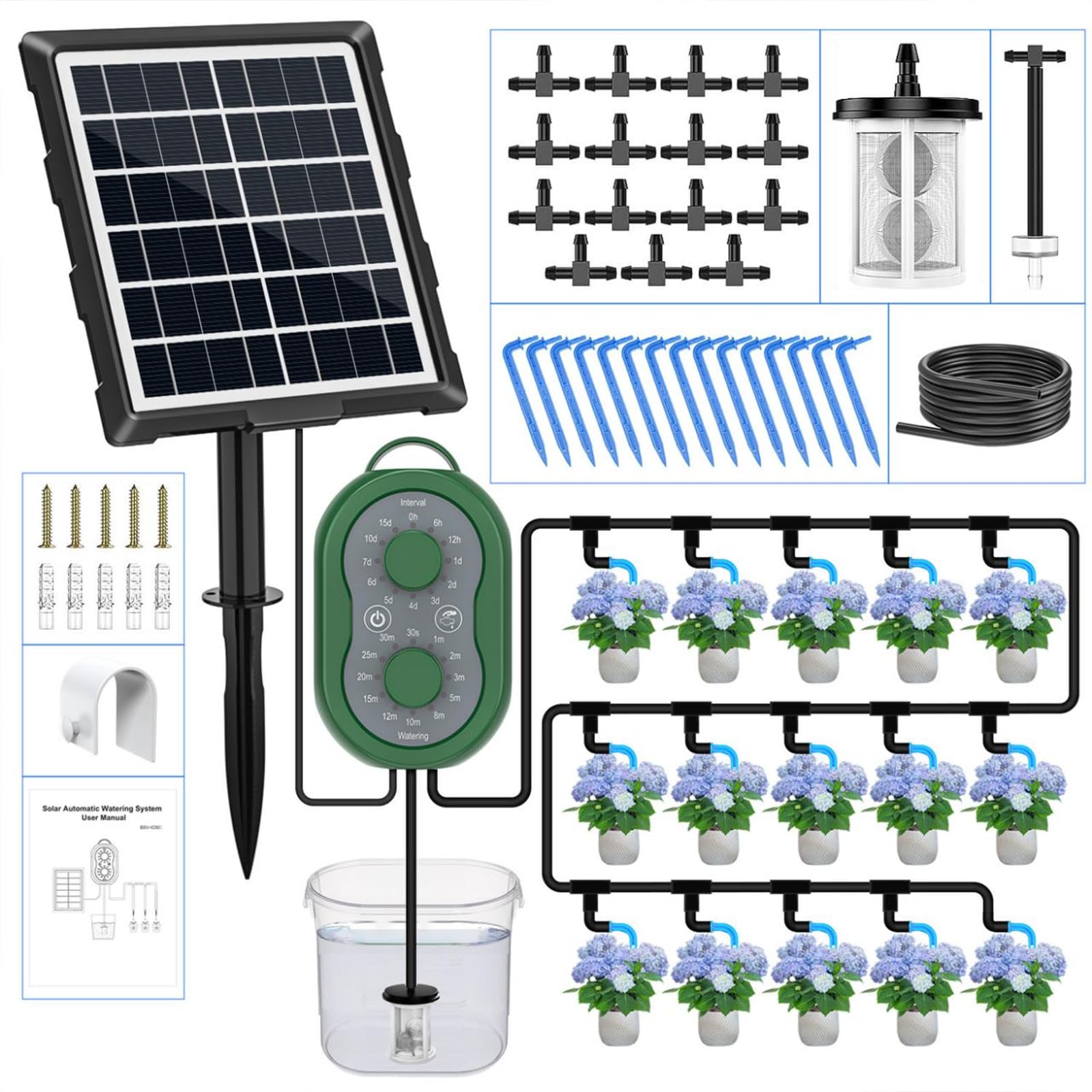 Système d'irrigation solaire goutte à goutte automatique pour 15 plantes en pot, 132 programmes d'arrosage, tuyau de 15 m, idéal pour balcon, jardin, potager et serre