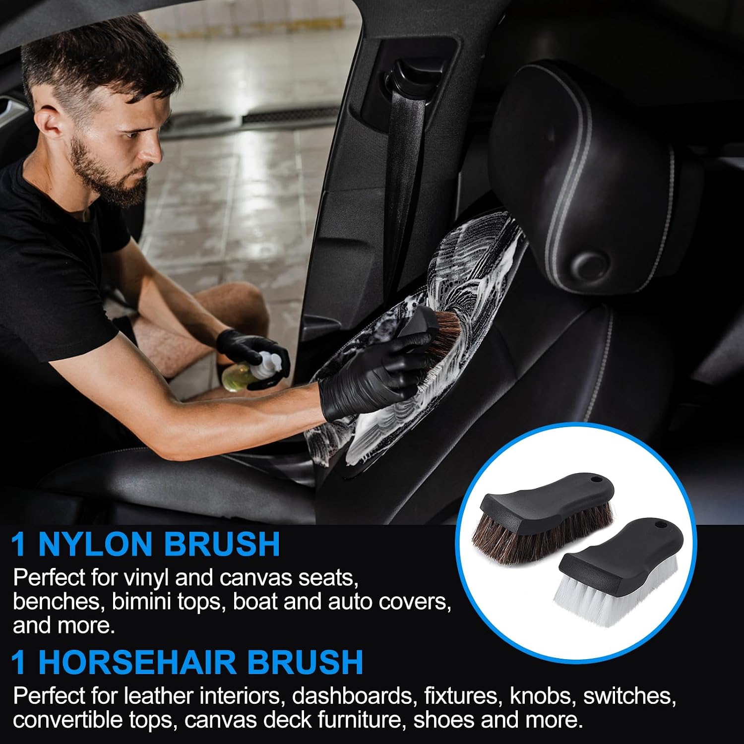 Upholstery Brush, Upholstery Brush Set, Leather Cleaning Brush, Carpet Brush Car Cleaning Brush, Long Bristle Horse Hair Car Cleaning Brush for Car Interior Leather Seat and Home Furniture