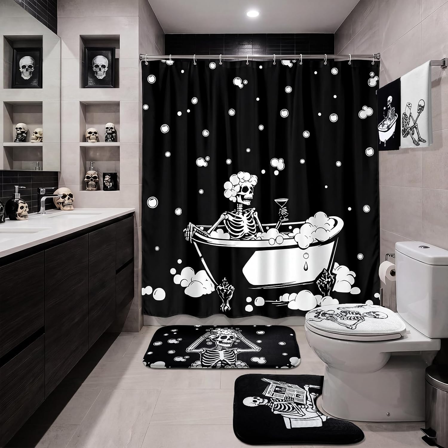 Tingjoo 7 Pcs Skull Shower Curtain Sets, Halloween Bathroom Decor