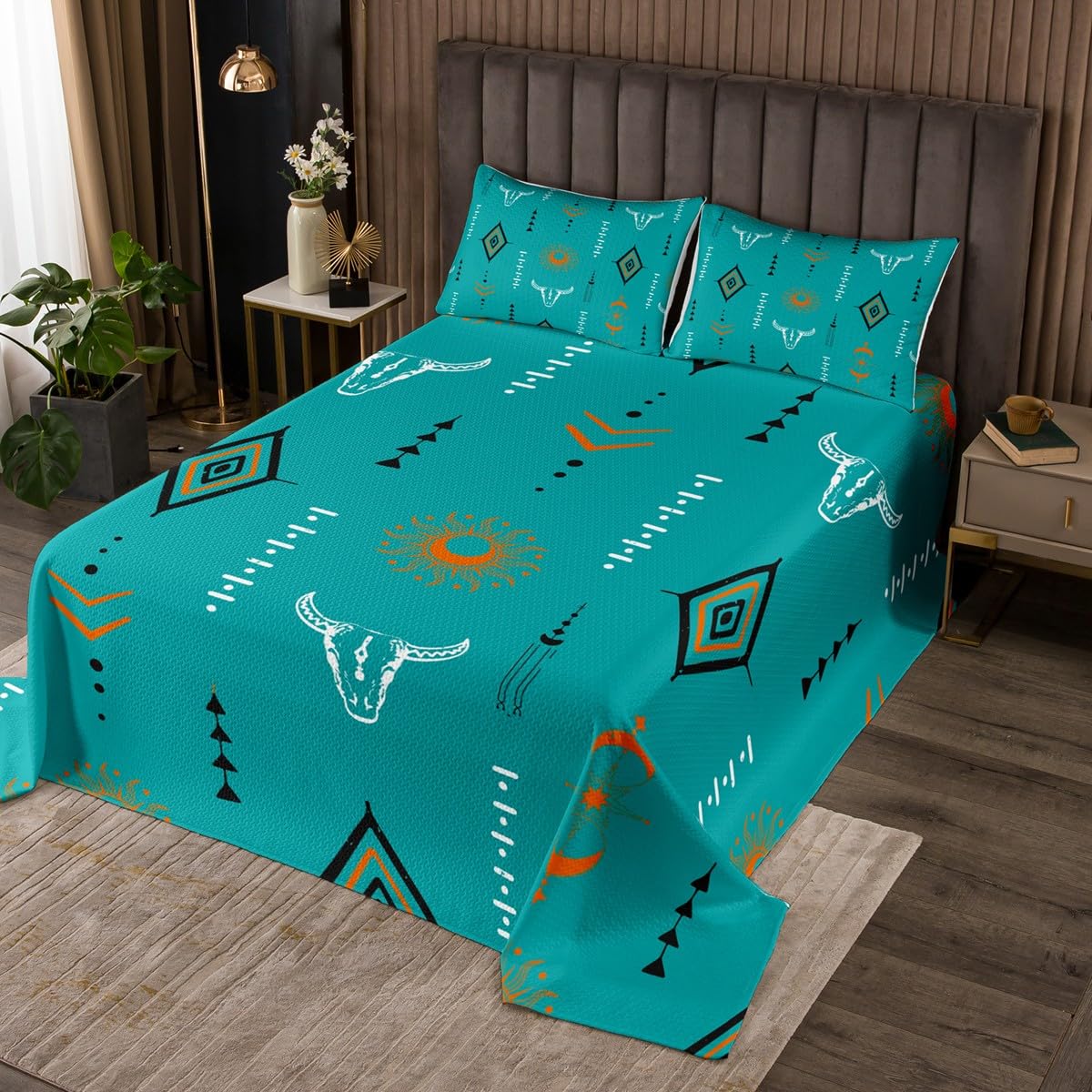jejeloiu Western Aztec Coverlet Set King Size Kids Southwestern Geometric Vintage Quilted Coverlet for Boys Girls Teens Bohemia Boho Bull Skull Tribal Abstract Green Bedspread Room Decor