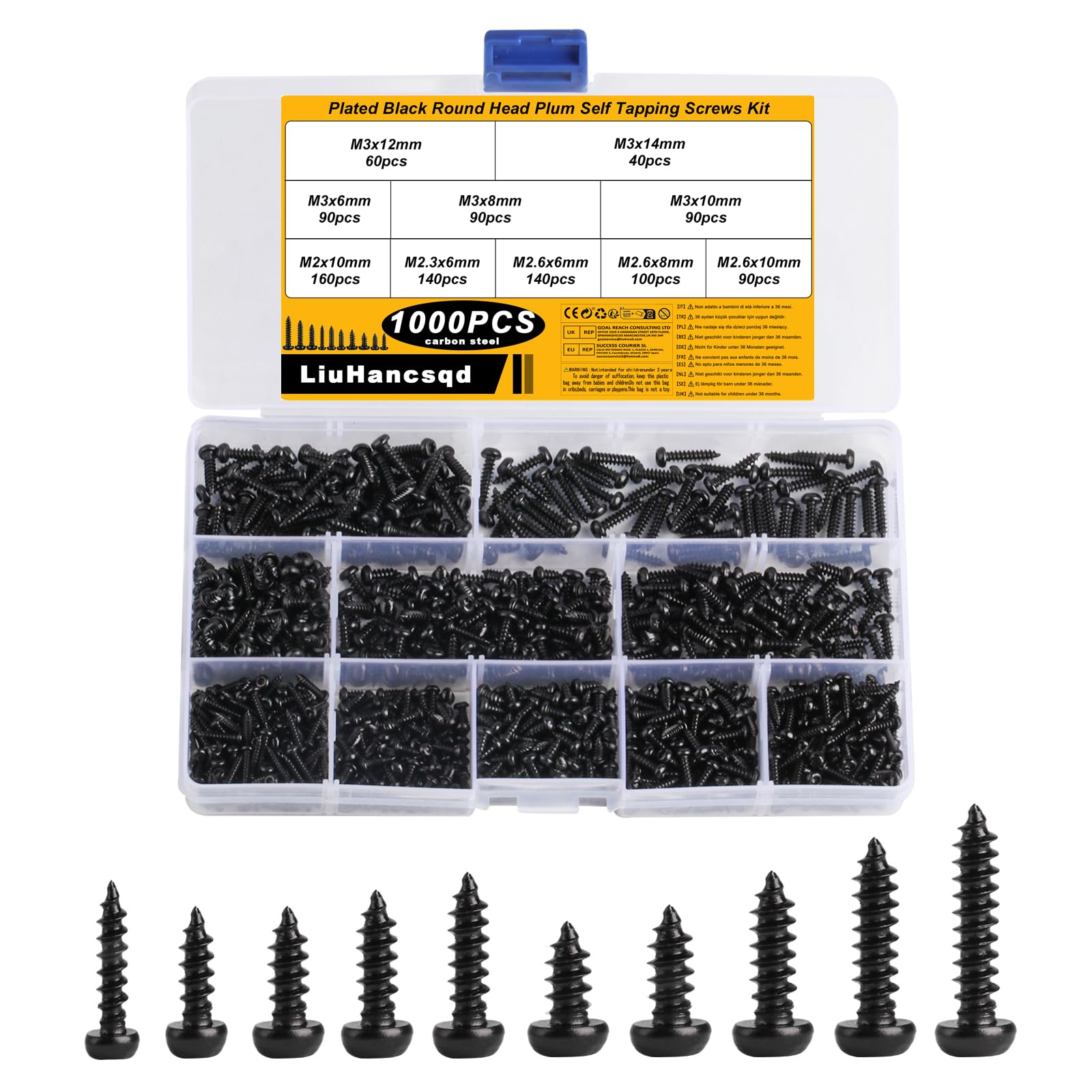 1000 Pz M2 M2.3 M2.6 M3 Viti Autofilettanti per Legno, Viti a Testa Pan Nere, Viti per Legno, Kit Assortimento Viti Torx a Testa Tonda Piccola per Lamiera di Legno in Plastica