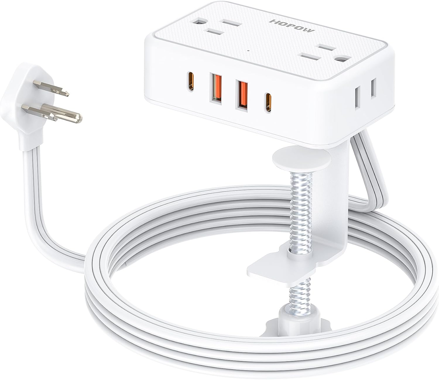 HOPOW Desk Clamp Power Strip, Desktop Mount Charging Station with 4 Outlets 4 USB Ports (2 USB C), 10Ft Under Desk Power Strip, Fits 2.75" Tabletop Edge, Extension Cord for Home Office, White