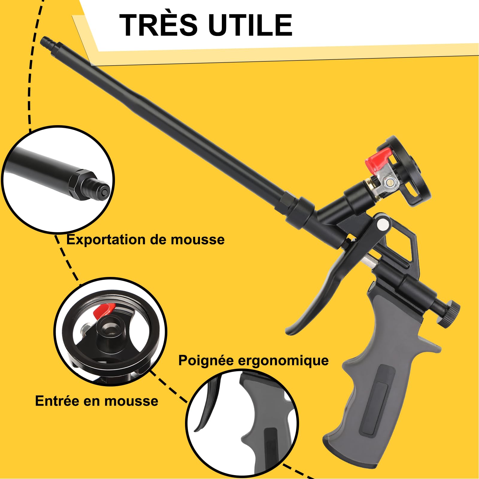 Pistolet mousse expansive professionnel en métal – Pistolet mousse PU facile à nettoyer, précis et anti-goutte, idéal pour isolation, remplissage et étanchéité (lot de 2,gris)