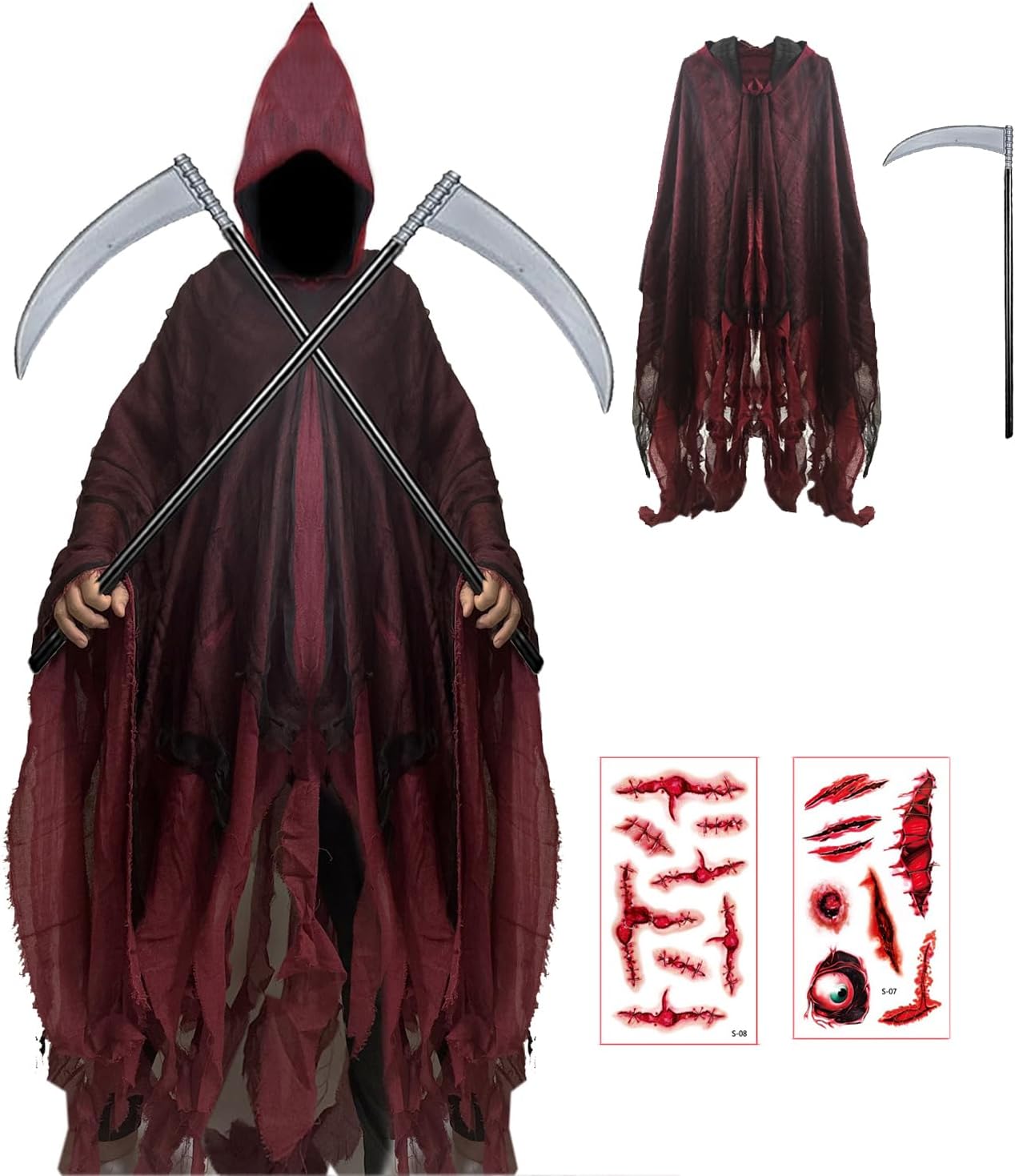Halloween Loose Hooded Mesh Cloak with Sickle Vampire Wizard Cape Grim Devil Reaper Robe Adult Teens Role Play Costume