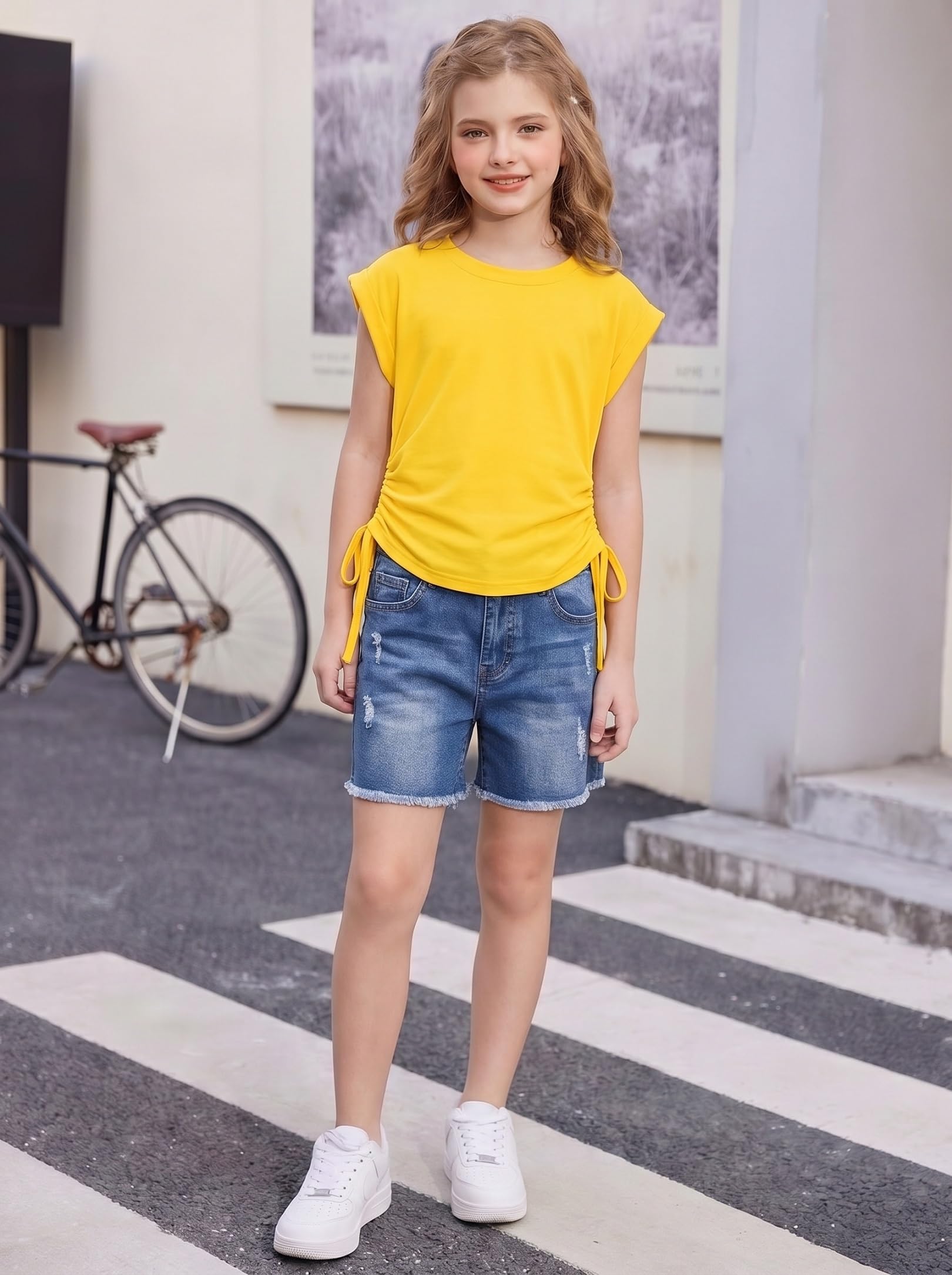 Arshiner Niñas Camisetas Manga Corta Extended Shoulder Niños Verano T-Shirt Algodón Cuello Redondo Manga Corta Shirt y Cordón para Niñas 6-14 Años