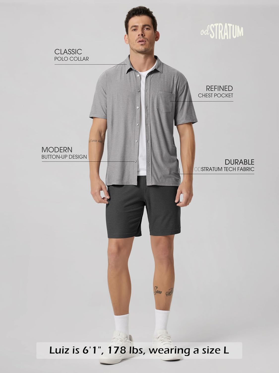 ODODOS Men's Short Sleeve Button Down Shirt - odSTRATUM Tech Performance Tee, Ultra Soft UPF 50+ Golf Fitness Casual Tops