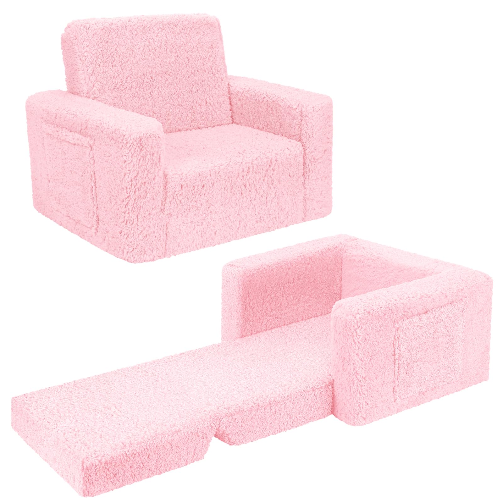 SLIGUY Toddler Couch Convertible Sofa to Lounger Pull Out Couch Sherpa Cover Dark Pink