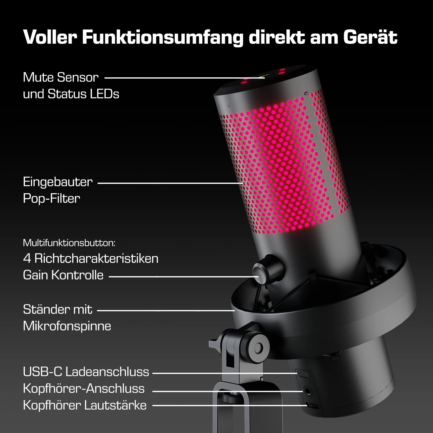 DOCKIN MP3000 - Premium RGB USB Condensateur Microphone pour PC, PS5, PS4 & Mac, 4 Modes d'enregistrement, Plug & Play, Microphone de Jeu PC avec Support, Streaming, Studio Mic pour Podcast, Twitch