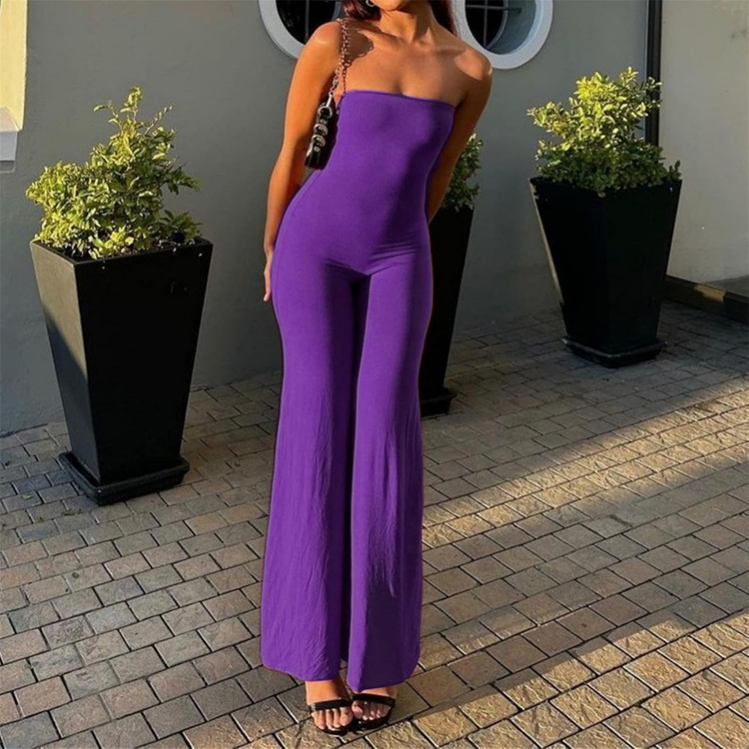 ECHOINE Women Bodycon Tube Top Wide Leg Jumpsuit Off Shoulder Long Pant Romper - Image 2