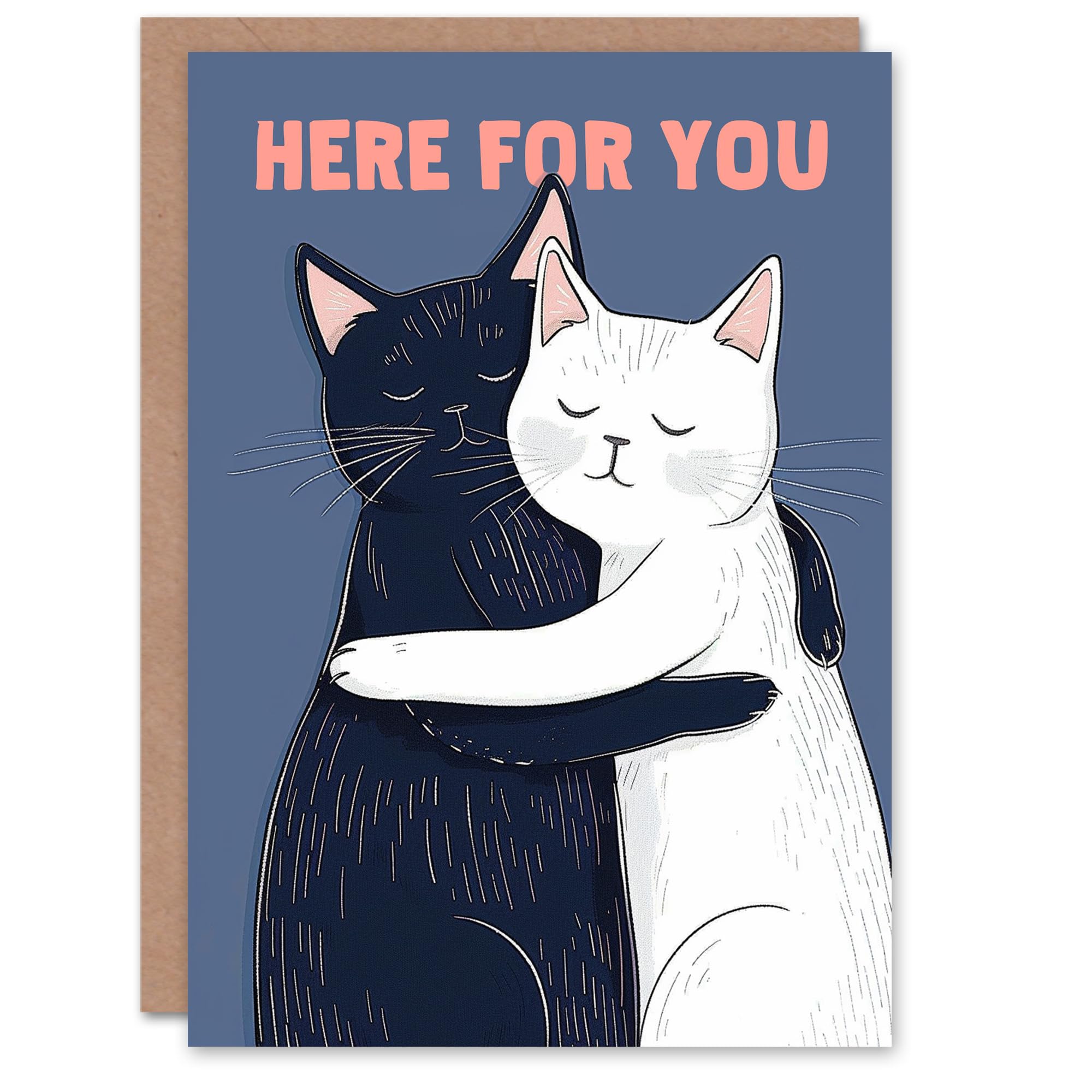 Artery8 Sympathy Card Here For You Black White Cats Hugging Sweet Blank Arty Art All Occasion Greeting Card