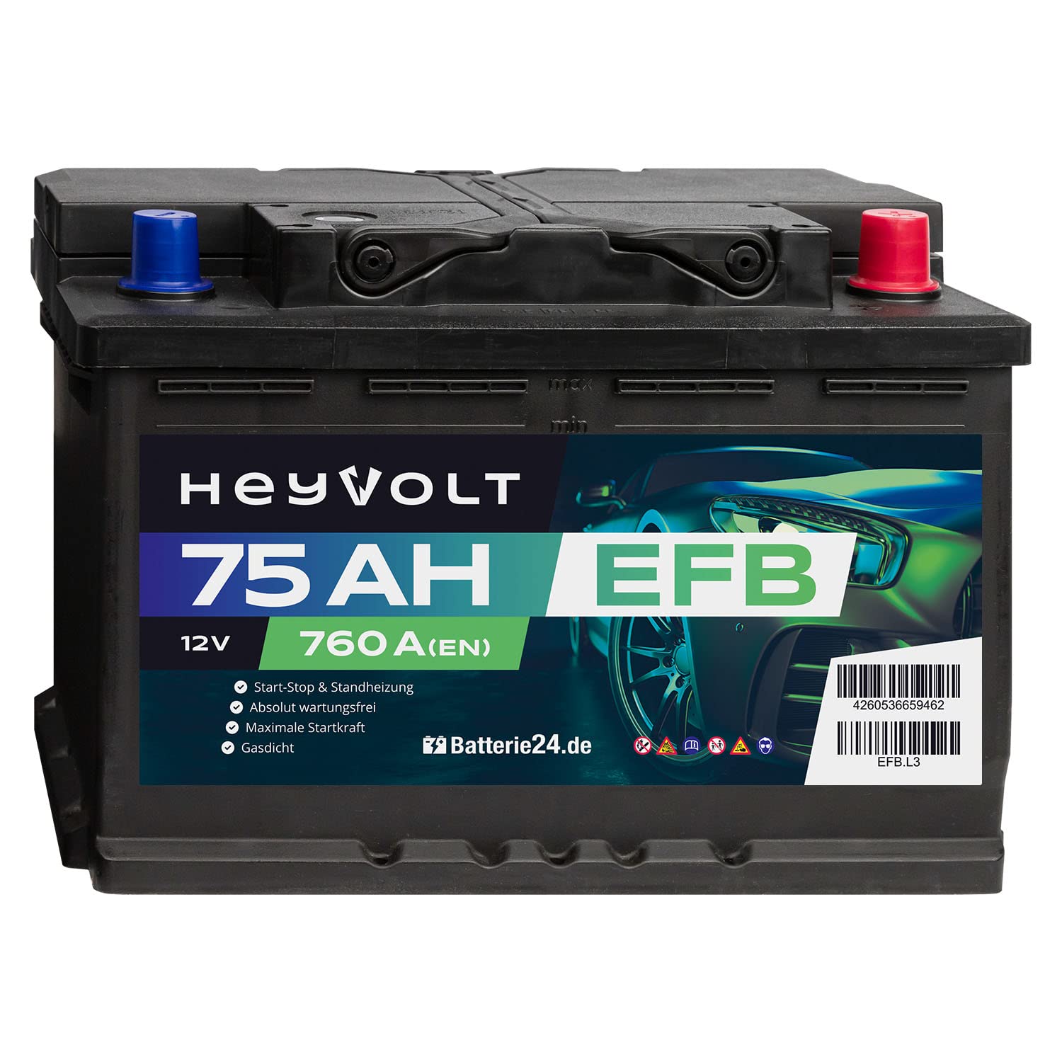 HeyVolt EFB Autobatterie 12V 75Ah 760A/EN Start-Stop, Standheizung geeignet | maximale Startkraft, absolut wartungsfrei