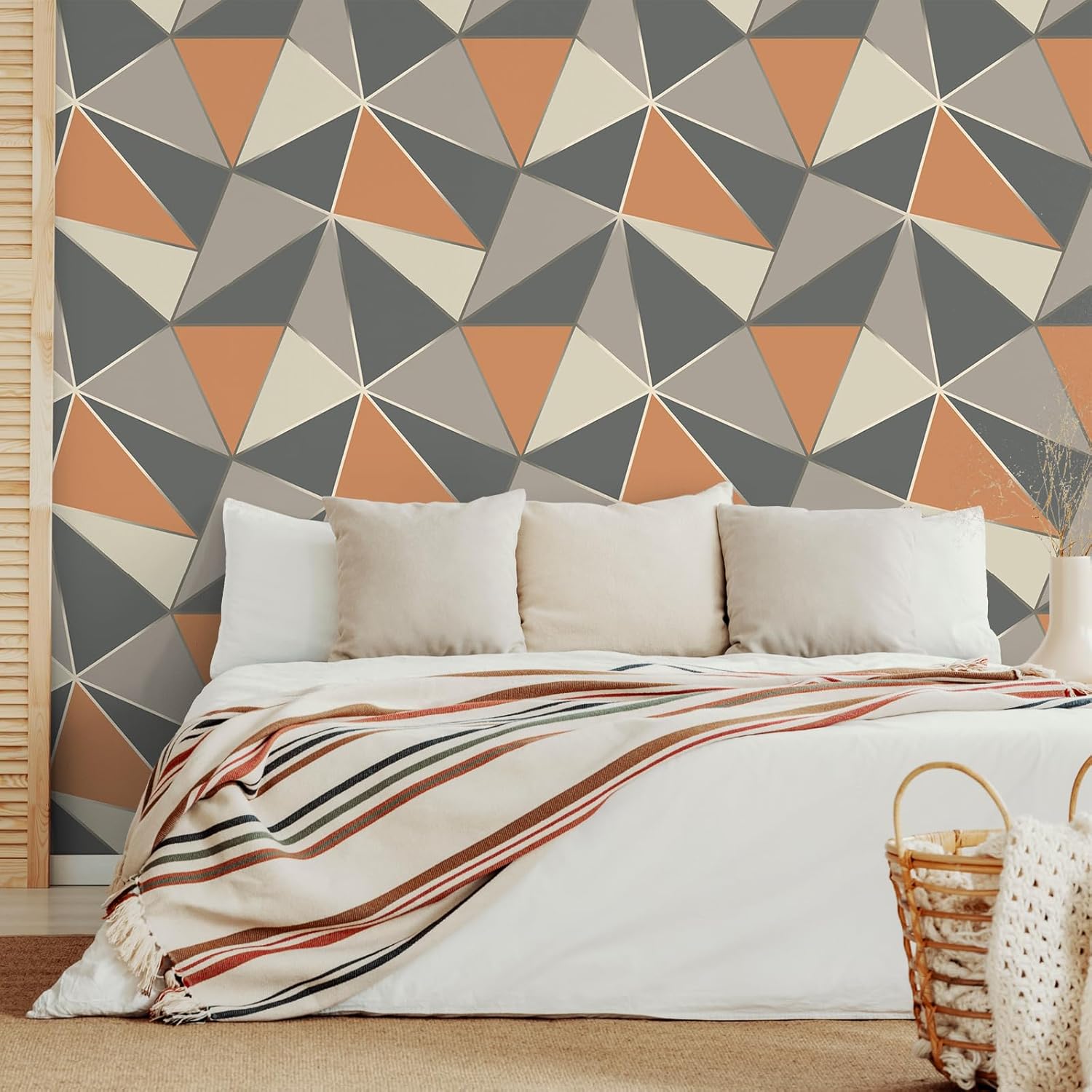 VEELIKE Apex Geometric Peel and Stick Wallpaper Grey Orange Geometric Wallpaper Roll 17.7''x354'' Removable Wallpaper Geometric Contact Paper Self Adhesive Vinyl Wall Paper for Bedroom Bathroom Walls