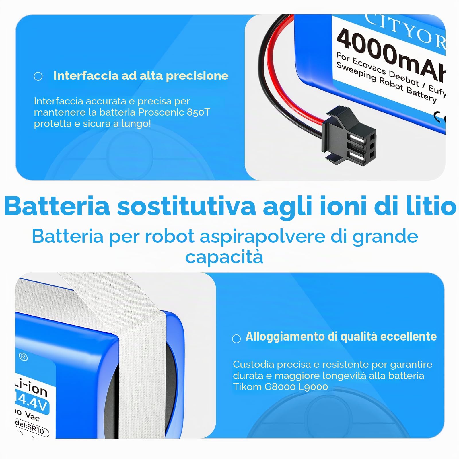 CITYORK 4000mAh Batteria per Proscenic 850T 850P, per Honiture G20, per Lubluelu SL61/SL60D, per Ultenic D5/D5s Pro, per Venga 3000 3001, per Lefant T700, per Tikom G8000, per Bagotte BG600 BG750 Max