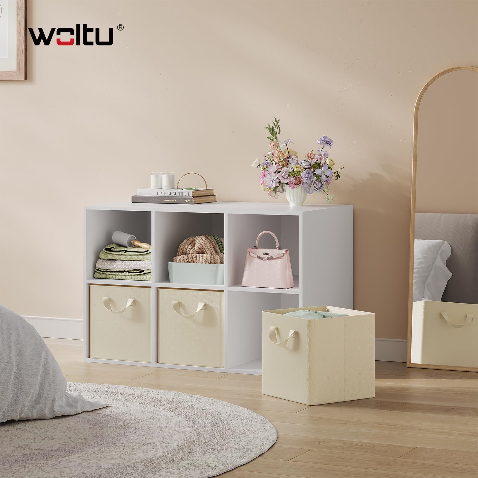 WOLTU Faltbare Aufbewahrungsboxen 10 Stück, mit Griffen,Creme,26x26x26cm | Stoffboxen mit Griffen und Metallrahmen, Aufbewahrungswürfel für Schlafzimmer, Arbeitszimmer, Wohnzimmer, Mehrzweck,