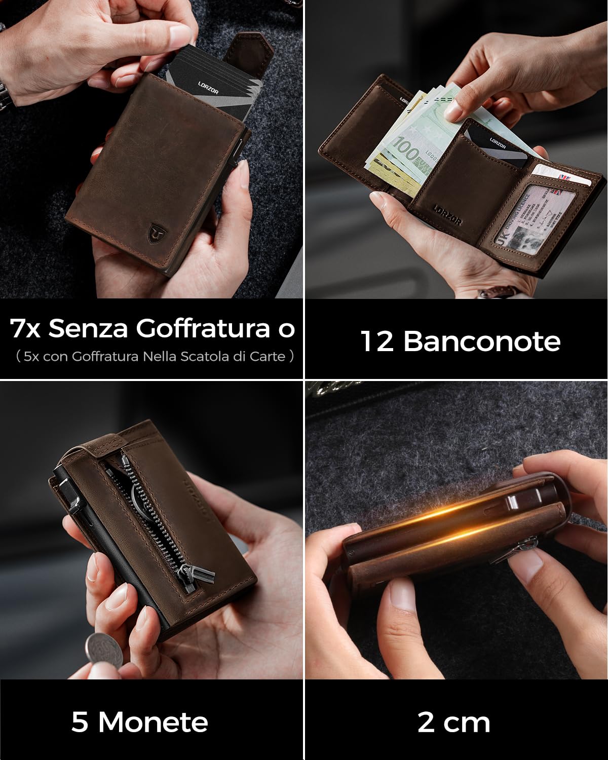 LORZOR® Portafoglio Uomo Slim vera Pelle, Porta Carte di Credito con Protezione RFID & Portamonete, Portacarte Uomo Pop-up Contenere 10 Carte, Porta Tessere Tascabile, Magnetica