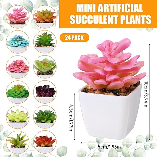Miniatura 3 de Yunlly Paquete de 24 mini plantas suculentas artificiales en macetas a granel pequeñas en macetas falsas en macetas blancas para interiores, hogar,