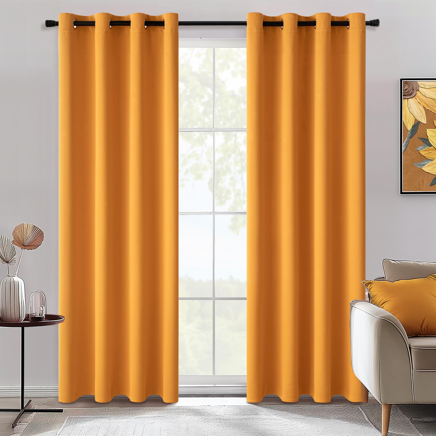 MIULEE Tende Oscuranti per Interni 2 Pezzi, Tenda Giallo Senape Moderna per Soggiorno, Tenda Oscurante Finestra Camera da Letto Salotto, Tende Termiche Isolanti per Interni con Anelli, 2x 140x225 CM