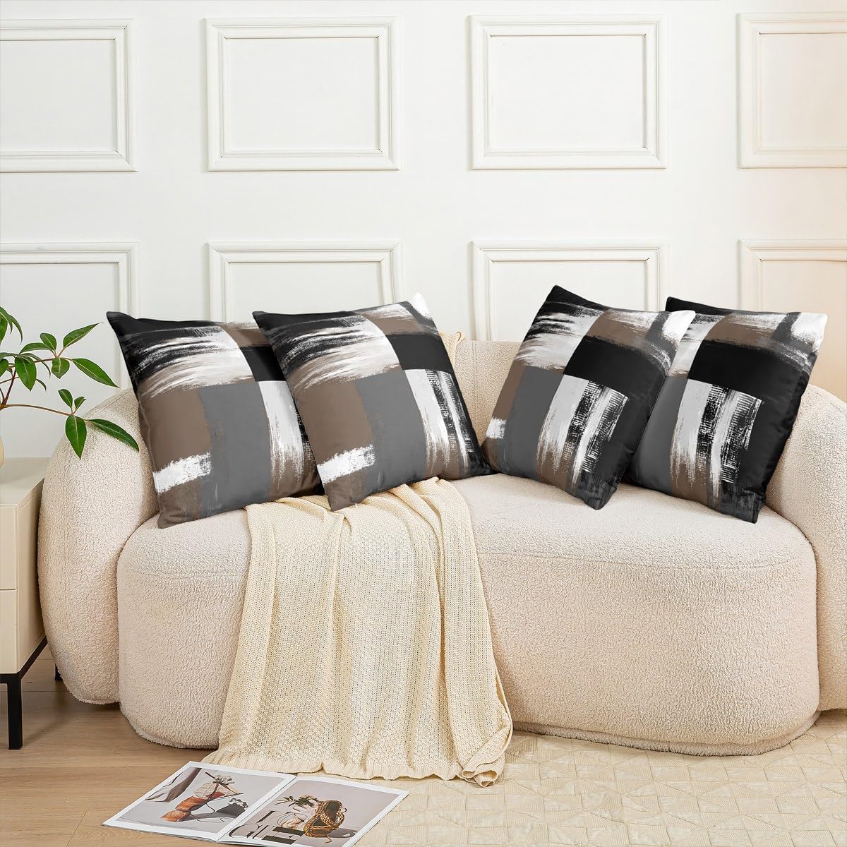 Feelyou Abstract Art Brown Grey Black White Reversible Throw Pillow Covers 24 x 24-Inch Kids Geometric Pillow Covers Home Decor for Teens Geometric Square Cushion Covers Set of 2 Stripe Line